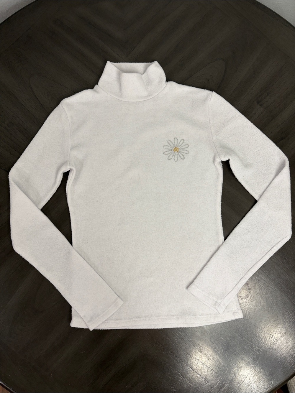 Perfectly Imperfect White Turtleneck Long-Sleeve Top with Daisy Design
